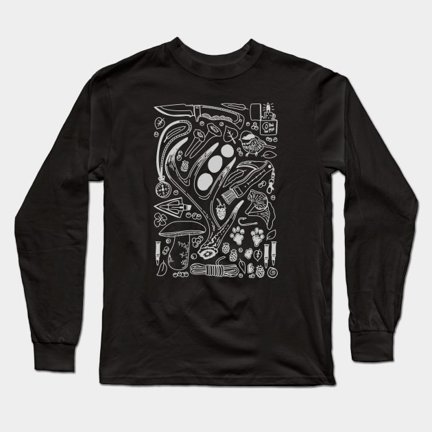 "Hunter's Treasures" Forest Camping Nature Doodles Long Sleeve T-Shirt by Boreal-Witch